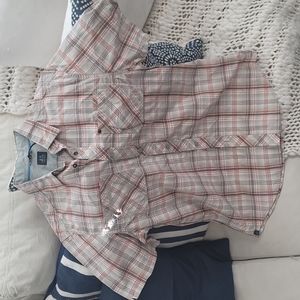 Just Keep Livin Short Sleeve Plaid Button Down Casual Shirt M Orange/Gray